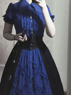 Gothic Lolita SK Color Block Blue Ruffles Lolita Skirts