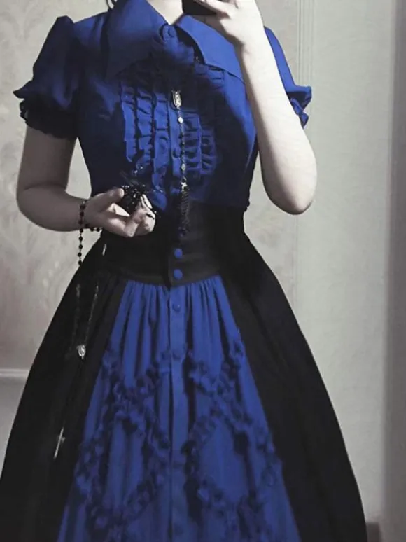 Gothic Lolita SK Color Block Blue Ruffles Lolita Skirts