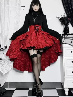 Gothic Lolita SK Ruffles Lace Up Burgundy Lolita Skirts