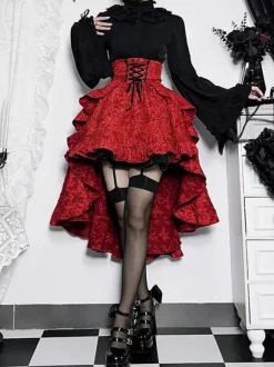 Gothic Lolita SK Ruffles Lace Up Burgundy Lolita Skirts