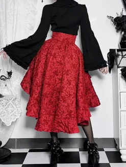 Gothic Lolita SK Ruffles Lace Up Burgundy Lolita Skirts