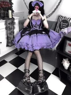 Gothic Lolita Suspender　Dress Purple Dark series magical girl Ruffles Lace Up cosplay costumes