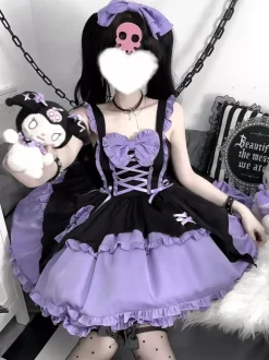Gothic Lolita Suspender　Dress Purple Dark series magical girl Ruffles Lace Up cosplay costumes