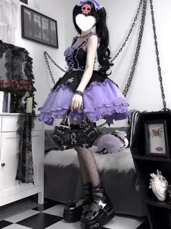 Gothic Lolita Suspender　Dress Purple Dark series magical girl Ruffles Lace Up cosplay costumes