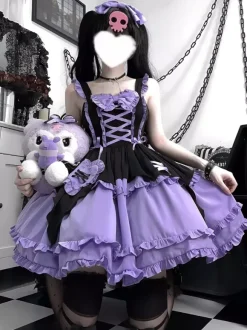 Gothic Lolita Suspender　Dress Purple Dark series magical girl Ruffles Lace Up cosplay costumes