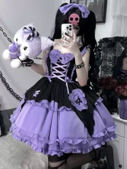 Gothic Lolita Suspender　Dress Purple Dark series magical girl Ruffles Lace Up cosplay costumes