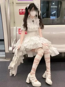 Gothic Lolita Tow-piece suit Mesh Lace shirt and High Low Ruffles Skirts Dark series Cosplay costumes