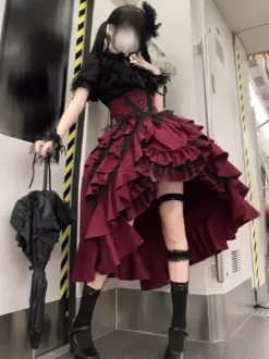 Gothic Lolita Tow-piece suit Mesh Lace shirt and High Low Ruffles Skirts Dark series Cosplay costumes