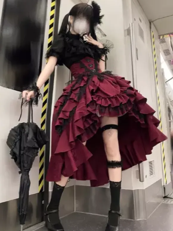 Gothic Lolita Tow-piece suit Mesh Lace shirt and High Low Ruffles Skirts Dark series Cosplay costumes