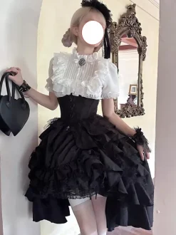Gothic Lolita Tow-piece suit Mesh Lace shirt and High Low Ruffles Skirts Dark series Cosplay costumes