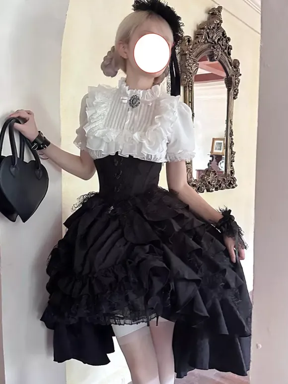 Gothic Lolita Tow-piece suit Mesh Lace shirt and High Low Ruffles Skirts Dark series Cosplay costumes