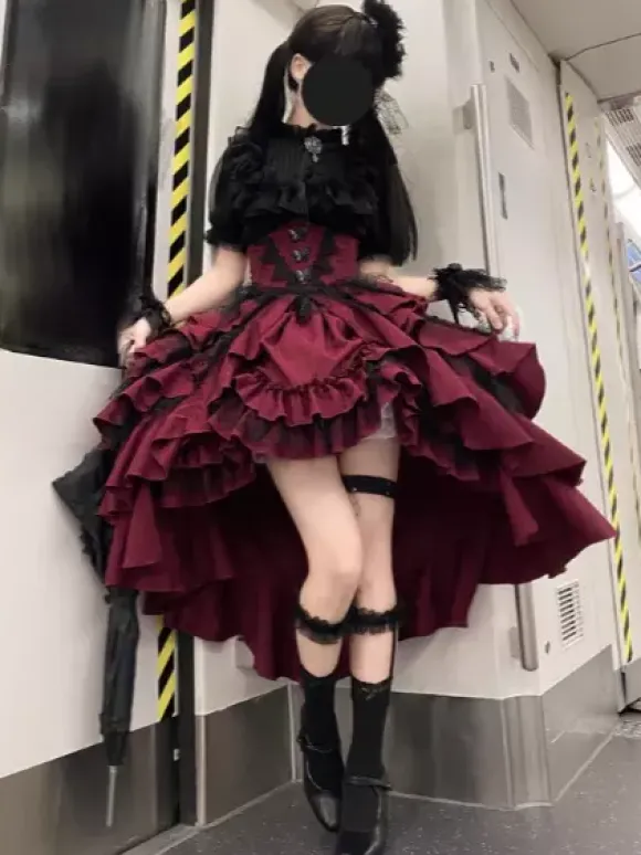 Gothic Lolita Tow-piece suit Mesh Lace shirt and High Low Ruffles Skirts Dark series Cosplay costumes