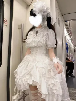Gothic Lolita Tow-piece suit Mesh Lace shirt and High Low Ruffles Skirts Dark series Cosplay costumes