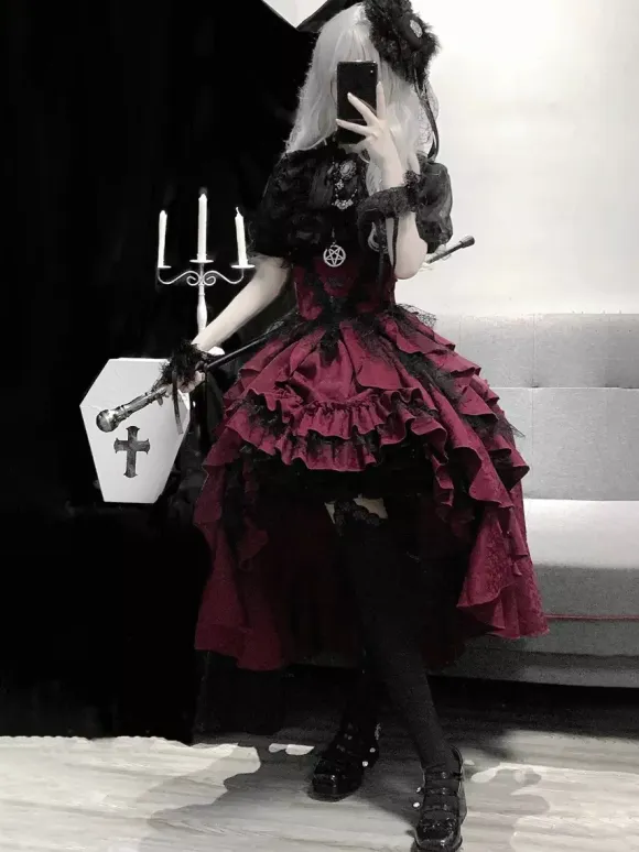 Gothic Lolita Tow-piece suit Mesh Lace shirt and High Low Ruffles Skirts Dark series Cosplay costumes