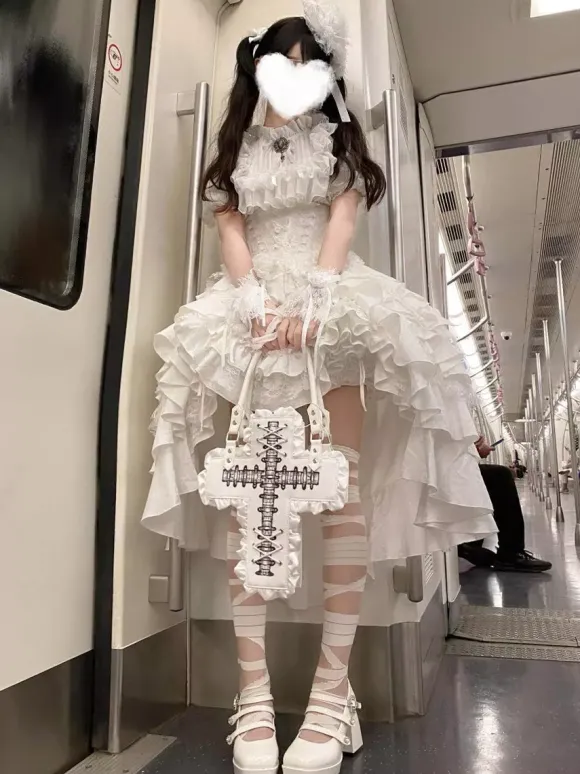 Gothic Lolita Tow-piece suit Mesh Lace shirt and High Low Ruffles Skirts Dark series Cosplay costumes