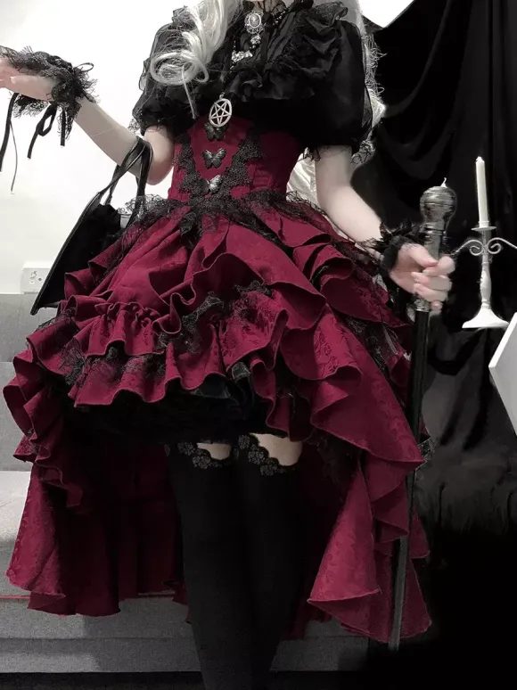 Gothic Lolita Tow-piece suit Mesh Lace shirt and High Low Ruffles Skirts Dark series Cosplay costumes