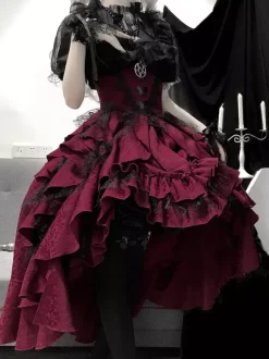 Gothic Lolita Tow-piece suit Mesh Lace shirt and High Low Ruffles Skirts Dark series Cosplay costumes