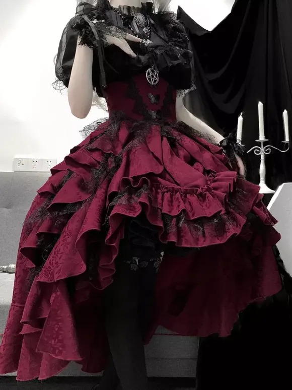 Gothic Lolita Tow-piece suit Mesh Lace shirt and High Low Ruffles Skirts Dark series Cosplay costumes