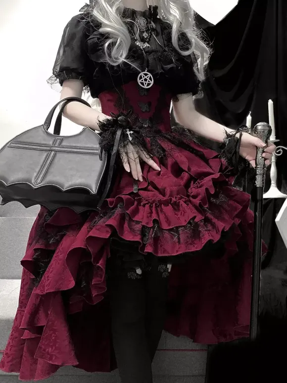 Gothic Lolita Tow-piece suit Mesh Lace shirt and High Low Ruffles Skirts Dark series Cosplay costumes