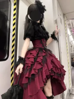 Gothic Lolita Tow-piece suit Mesh Lace shirt and High Low Ruffles Skirts Dark series Cosplay costumes
