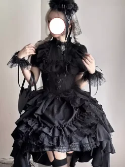Gothic Lolita Tow-piece suit Mesh Lace shirt and High Low Ruffles Skirts Dark series Cosplay costumes