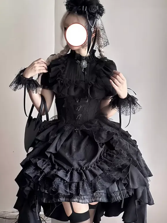 Gothic Lolita Tow-piece suit Mesh Lace shirt and High Low Ruffles Skirts Dark series Cosplay costumes