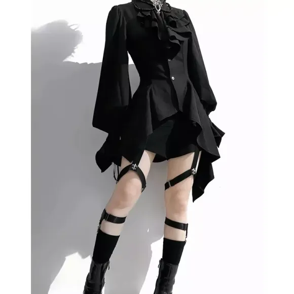Gothic Ouji Prince Lolita Blouses Black Shirts Long Sleeves Ruffles Lolita Shirt