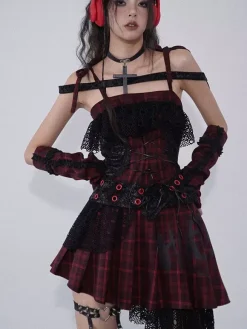 Gothic Punk Lolita Dresses Lace Plaid Red And Black Gothic JSK Lolita Dress