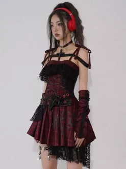 Gothic Punk Lolita Dresses Lace Plaid Red And Black Gothic JSK Lolita Dress