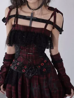 Gothic Punk Lolita Dresses Lace Plaid Red And Black Gothic JSK Lolita Dress