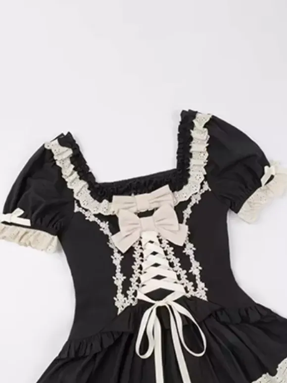 Gothic Sweet Classic Lolita Dresses Lace Up Ruffles Color Block Black Dresses