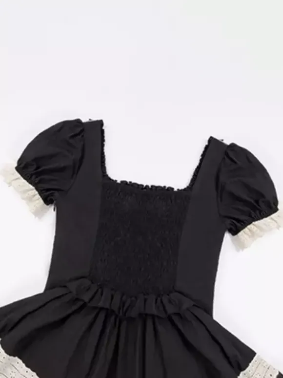 Gothic Sweet Classic Lolita Dresses Lace Up Ruffles Color Block Black Dresses