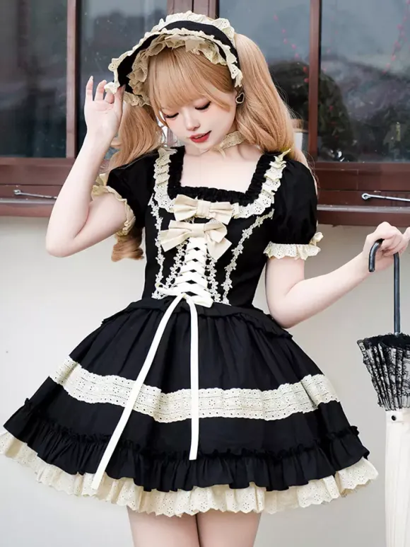 Gothic Sweet Classic Lolita Dresses Lace Up Ruffles Color Block Black Dresses