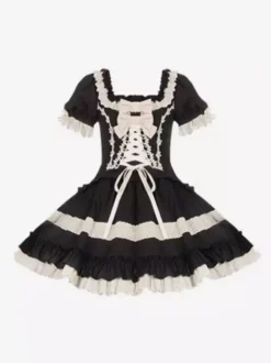 Gothic Sweet Classic Lolita Dresses Lace Up Ruffles Color Block Black Dresses
