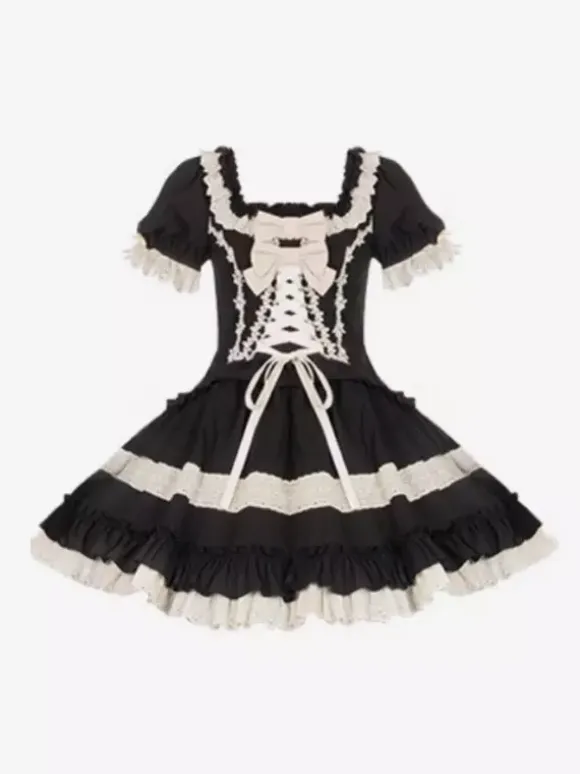 Gothic Sweet Classic Lolita Dresses Lace Up Ruffles Color Block Black Dresses