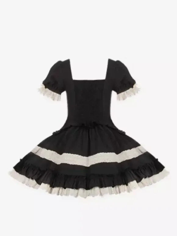 Gothic Sweet Classic Lolita Dresses Lace Up Ruffles Color Block Black Dresses