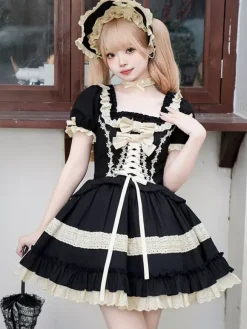 Gothic Sweet Classic Lolita Dresses Lace Up Ruffles Color Block Black Dresses