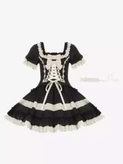 Gothic Sweet Classic Lolita Dresses Lace Up Ruffles Color Block Black Dresses