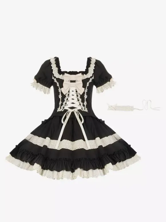 Gothic Sweet Classic Lolita Dresses Lace Up Ruffles Color Block Black Dresses