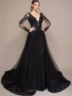 Gothic Wedding Dresses A-Line Long Sleeves Lace Floor-Length Bridal Gown Free Customization