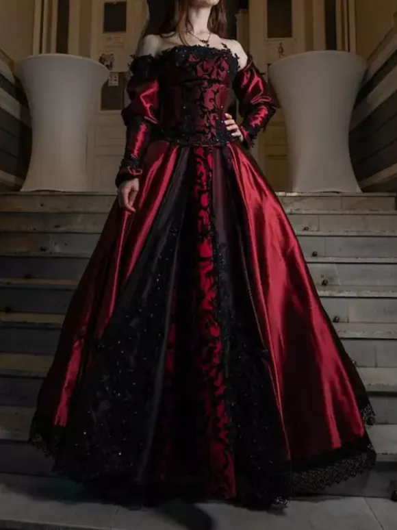 Gothic Wedding Dresses A-Line Long Sleeves Backless Lace With Train Burgundy Bridal Gown Free Customization