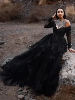 Gothic Wedding Dresses Lace A-Line Long Sleeves Natural Waist Lace With Train Bridal Dress