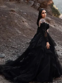 Gothic Wedding Dresses Lace A-Line Long Sleeves Natural Waist Lace With Train Bridal Dress