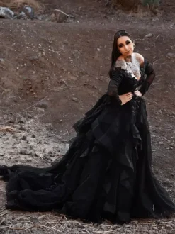 Gothic Wedding Dresses Lace A-Line Long Sleeves Natural Waist Lace With Train Bridal Dress