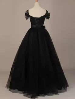 Gothic Wedding Dresses Tulle Princess Silhouette Short Sleeves Pleated Floor-Length Bridal Gown