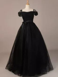 Gothic Wedding Dresses Tulle Princess Silhouette Short Sleeves Pleated Floor-Length Bridal Gown