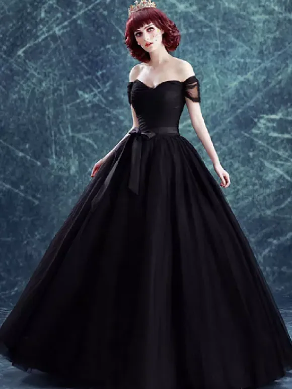 Gothic Wedding Dresses Tulle Princess Silhouette Short Sleeves Pleated Floor-Length Bridal Gown