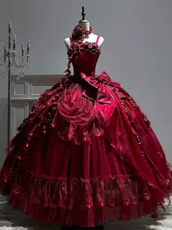 Gothic Wedding Lolita Dresses Ruffles Bows Red White Gown