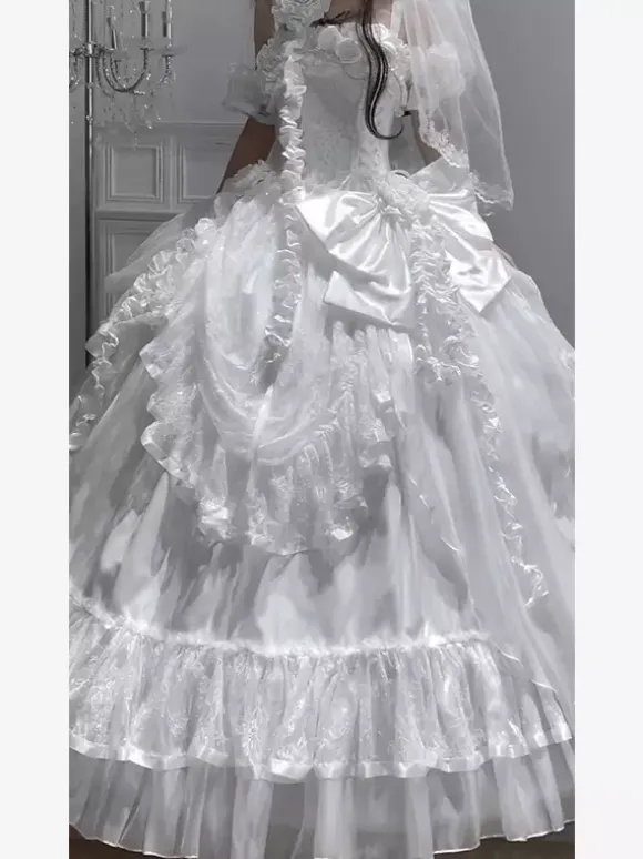 Gothic Wedding Lolita Dresses Ruffles Bows Red White Gown