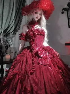 Gothic Wedding Lolita Dresses Ruffles Bows Red White Gown